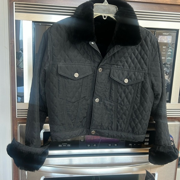 NWT NEIMAN MARCUS BLACK CROPPED QUILTED BARN JACKET FUR LINED gorgeous! - Picture 1 of 15